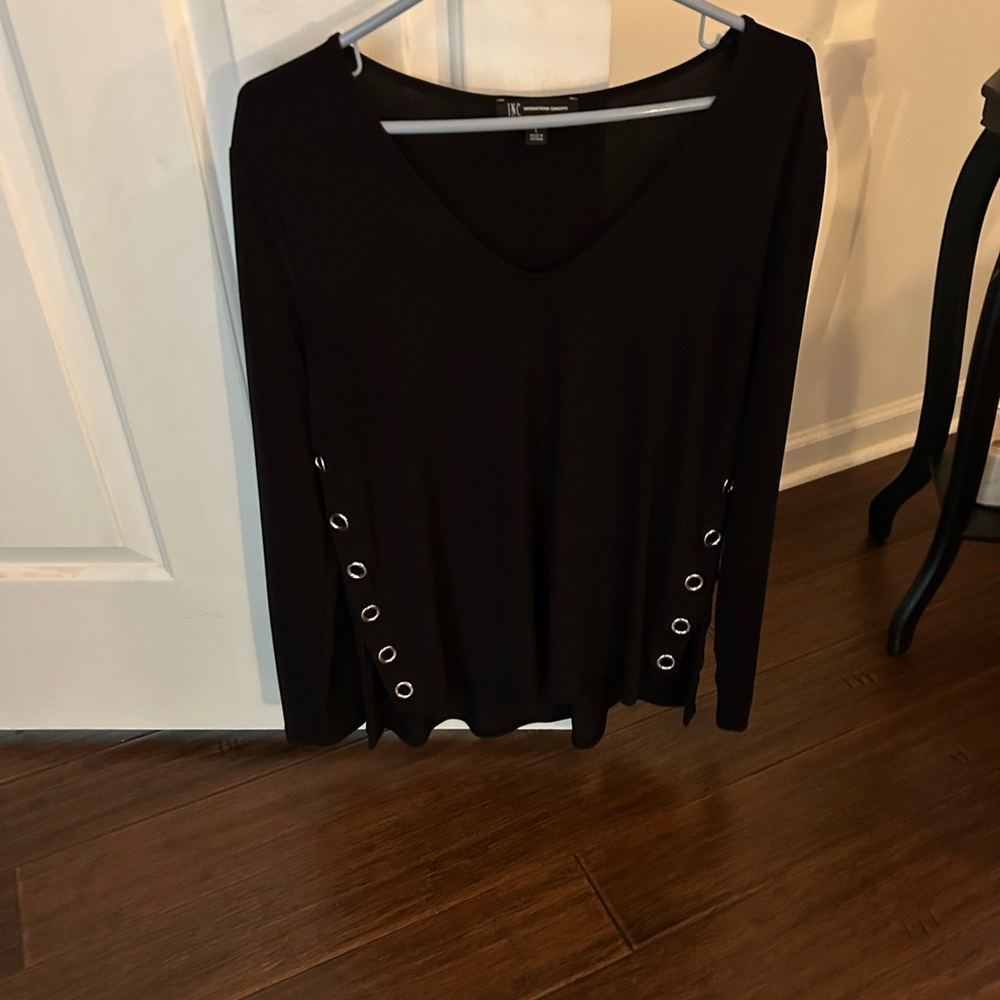 INC International Concepts Black V-Neck Blouse with Grommet Accents